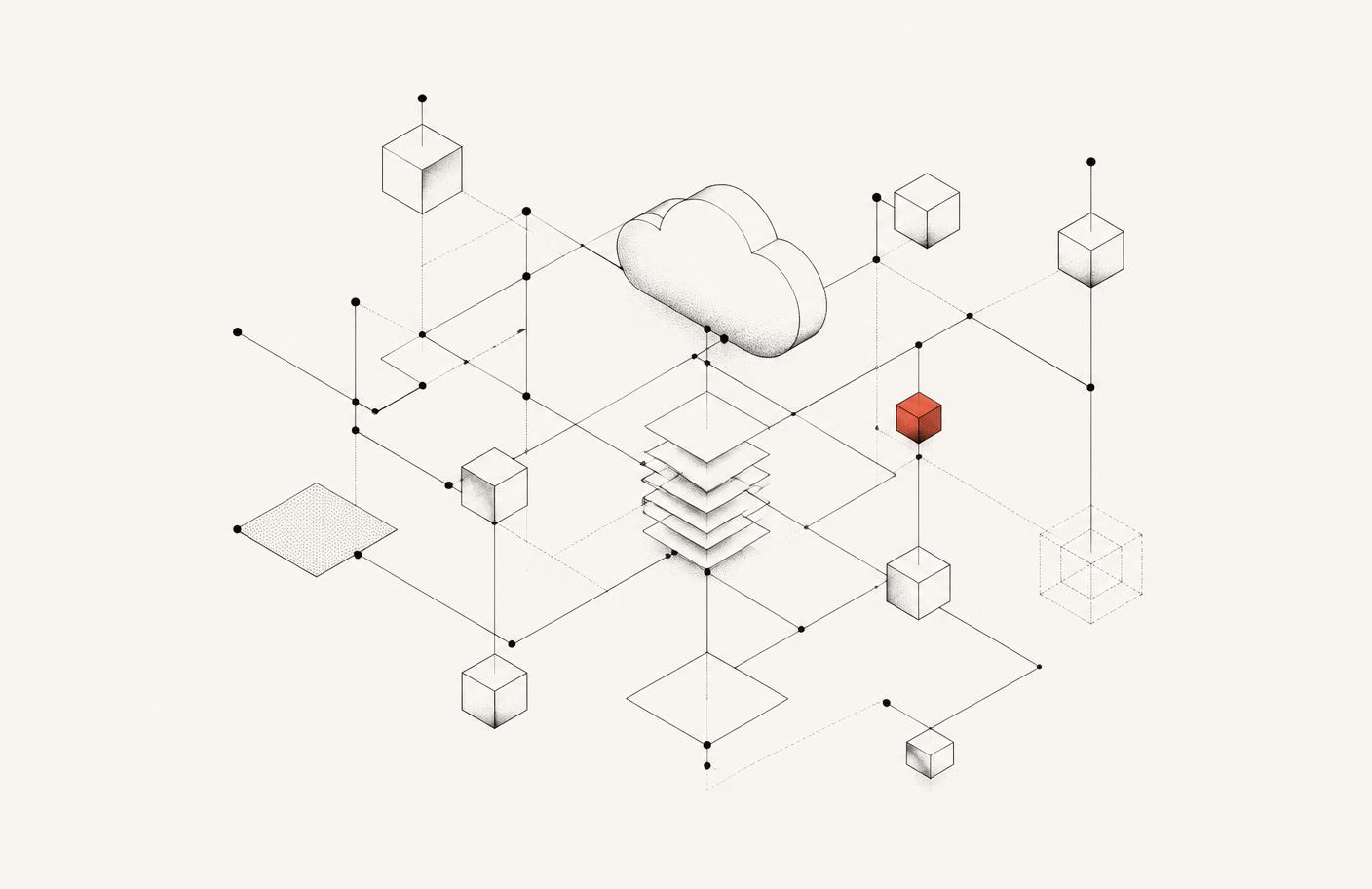 Diagram of cloud services, storage layers and data connections