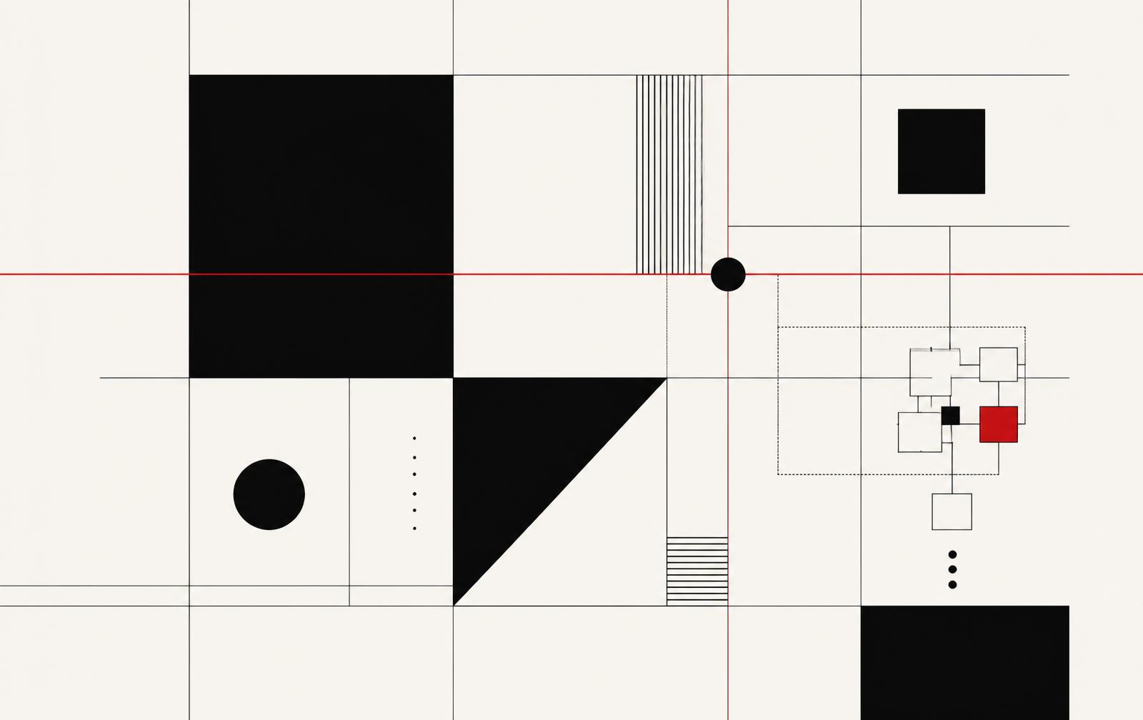 Abstract grid composition in black, white and red representing structured systems